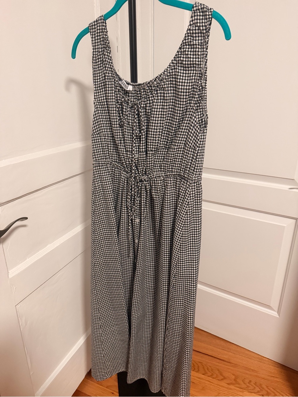 Momni Boutique Sleeveless Black and White Gingham Tie-Waist Maxi Dress